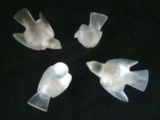 4 Vintage Lalique Frosted Crystal Sparrow Bird Paperweights,  Signed