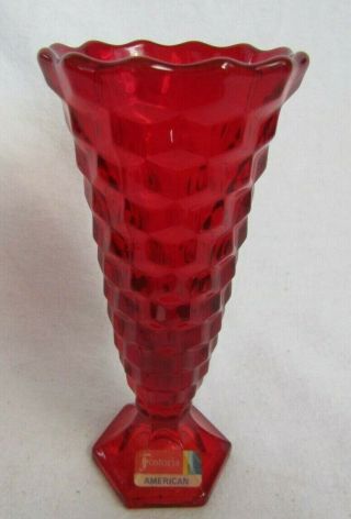 FOSTORIA AMERICAN GLASS PATTERN RUBY RED FLARED TOP VASE WITH LABEL 2