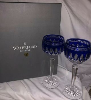 2 Waterford Crystal Wine Hock Cobalt Blue Glasses - Clarendon (one Pair) Iob