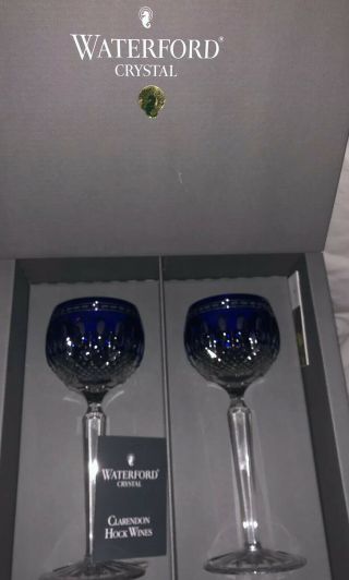 2 Waterford Crystal Wine Hock Cobalt Blue Glasses - Clarendon (one Pair) IOB 2