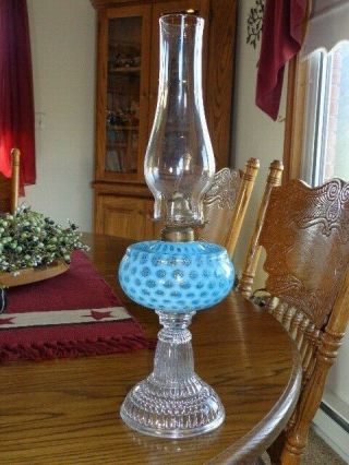 Antique Hobbs Brockunier Blue Opalescent Glass Windows Oil Lamp