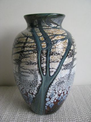 Studio Hand Blown Art Glass Vase Signed 1520 1988 Winter Tree Scene