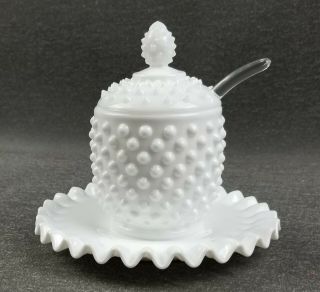 Vintage Fenton Hobnail Milk Glass Covered Jam Jar With Spoon And Under Plate