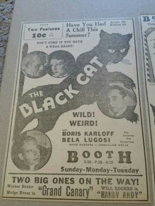 1934 The Black Cat 5 Newspaper Ads Boris Karloff,  Bela Lugosi 2