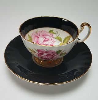Aynsley Tea Cup & Saucer,  Black,  Gold Gilt Trim With Large Roses