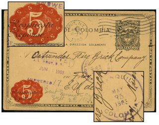 Colombia 5¢ On 2¢ R½ Psc May 1903 To Troy Ny H&g 16