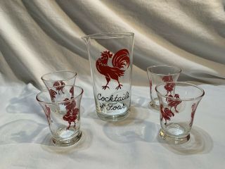 Vintage Swanky Swig Red Rooster Set Of 4 Glasses & Pitcher ‘cocktail’s For Four 