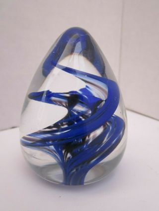 Vintage Glass Paperweight Studio Artist Greenwood.  1992 Egg Shape Blue Swirl.  3 "