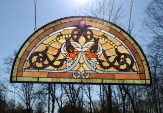 35 " L X 18.  75 " H Half Round Handcrafted Stained Glass Window Glass Panel