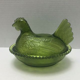 Vintage Green Depression Glass Hen On Nest Bowl