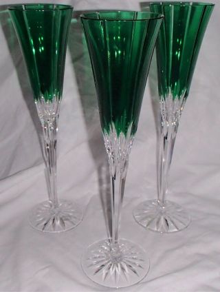 3 Ajka Castille Hungry Emerald Green Cut To Clear Crystal Wine Champagne Flutes