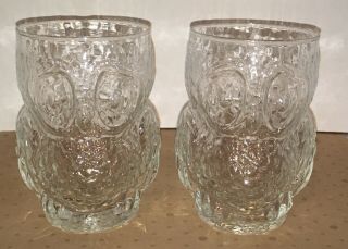 Vintage Owl Shaped Clear Textured 3d Drinking Glasses Glassware Set Of 2 Hoot