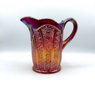 Vintage Heirloom Sunset Carnival Glass Iridescent Red Pitcher Indiana Glass Co