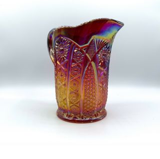 Vintage Heirloom Sunset Carnival Glass Iridescent Red Pitcher Indiana Glass Co 2