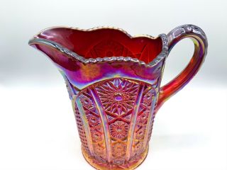Vintage Heirloom Sunset Carnival Glass Iridescent Red Pitcher Indiana Glass Co 3
