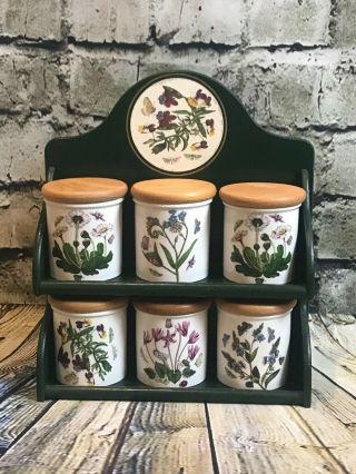 Portmeirion Botanic Garden Pattern Spice Jars Wooden Tops Six Jars With Stand