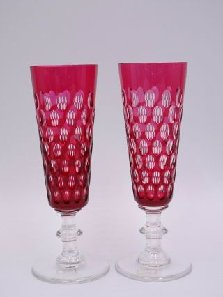Saint St.  Louis Crystal " Cleopatre Red " Fluted Champagne Glasses 2