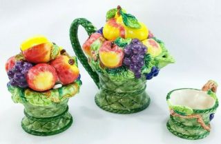 Villeroy & Boch Figurine Basket Teapot,  Creamer,  Sugar Bowl Green Fruit Harvest