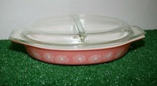 Vintage Pyrex Pink Daisy Oval Casserole Dish Divided 1 1/2 Quart W/lid