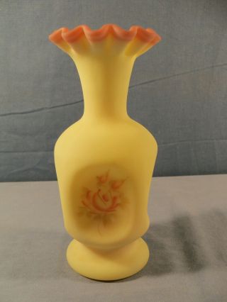 Fenton Burmese Glass Hand Painted Pinch Vase - Pink Roses - 7 " Tall