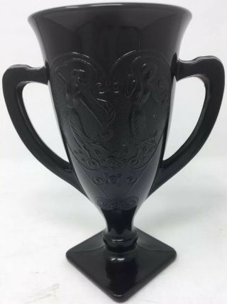 Vintage L E Smith Black Glass Dancing Nymphs Vase Two Handles Loving Cup Style