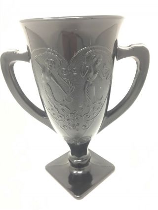Vintage L E Smith Black Glass Dancing Nymphs Vase Two Handles Loving Cup Style 2