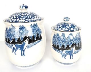 Folk Craft By Tienshan Wolf Pattern Two Piece Stoneware Canister Set