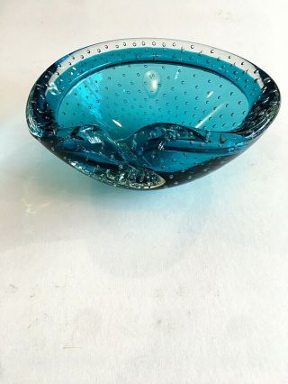 Vintage Murano Controlled Bubble Art Glass/cigar Ashtray Blue/turquoise