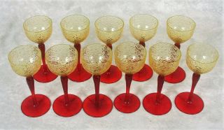 Set Of 11 Pukeberg Turkey Tracks Royal Fan Vaseline & Ruby Red Cordial Glasses
