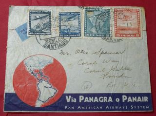 Chile Panagra Pan Air 1938 Cover To Coral Gables Florida