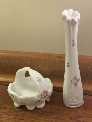 Vintage Westmoreland Hand Painted Floral Milk Glass Vase And Split Handle Basket