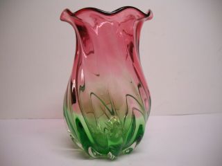 Vintage Teleflora Hand Blown Glass Vase Cranberry Pink Green Ruffled Watermelon