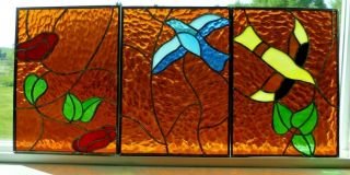 3 Vintage Folk Art Leaded Stained Glass Window Panels 2 Bird 1 Flower - Amber