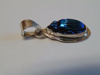 Ca: 1910 Tiffany Cobalt Blue Favrile Art Glass Scarab Sterling Silver Pendant