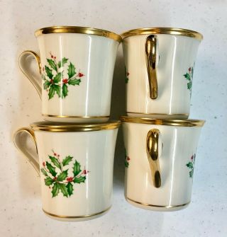 Set Of 4 Lenox Holiday Holly Berry Mug 12 Oz Coffee Cups China