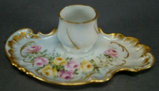 D & C Limoges Hand Painted Pink & Yellow Roses & Gold Chamber Stick Circa 1900