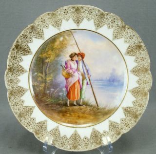 D & C Limoges Hand Painted Couple Fishing & Gold Dinner Plate Circa 1894 - 1900