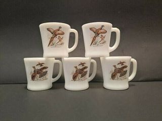 Fire King Set Of 5 Milk Glass Wild Bird Wildlife Fowl Coffee Mugs Vintage Mcm