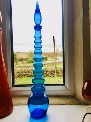 Vintage Blue Glass Genie Bottle 1960’s Italian Empoli Gourded Vase Decanter 54cm
