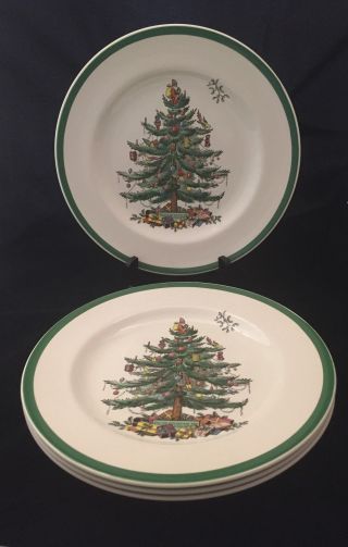 4 Spode Christmas Tree 10 1/2 " Dinner Plates Green Band England Vgc