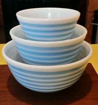 Htf Vintage Pyrex Blue Stripes Mixing Bowl Set Complete Set
