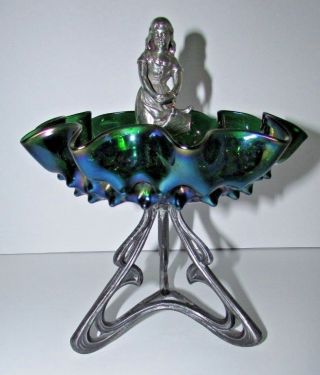 Antique Bohemian Kralik/rindskopf Iridescent Art Glass Figural Mounted Bowl