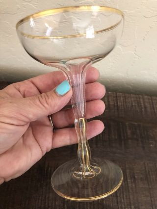 4 Antique French Cut Crystal Dual Pattern Open Thistle Stem Champagne Coupe Gold