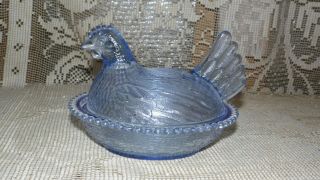 Vintage Glass Hen On A Nest Dark Blue Container Candy Dish