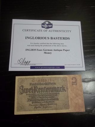 Inglorious Basterds Faux German 2 Rentenmark Antique Paper Money Movie Prop,
