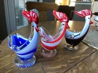 3 Vintage Murano ? Blown Glass Roosters Design Candy Dishes Decorator Ashtrays