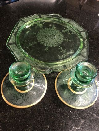 Vtg Green Depression Glass Serving Tray/candy Dish,  Set Gold Trim Candle Holders