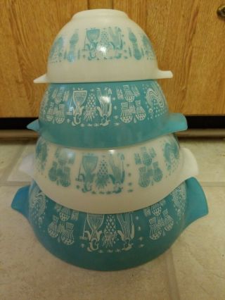 Vintage Pyrex Amish Butterprint Cinderella Mixing Bowl Turquoise Set Of 4