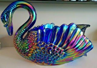Huge Cambridge Mold Electric Blue Carnival Glass Swan Bowl Imperial 11 " Long