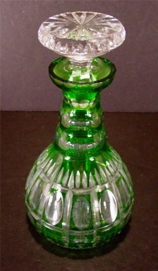 2 Emerald Green Crystal Cut To Clear Decanters Carafes Bohemian With Stoppers